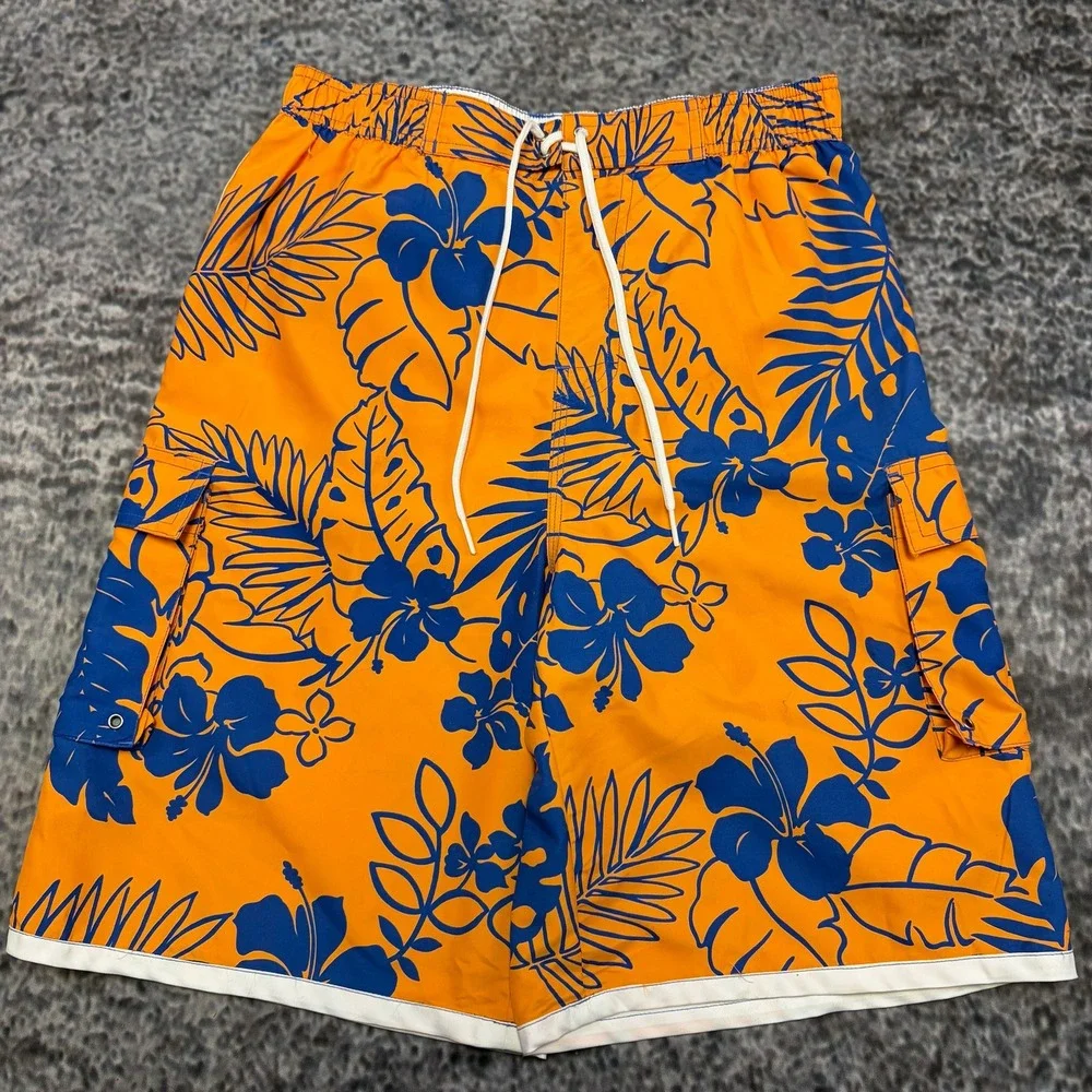 NWT VTG Polo Ralph Lauren Board Shorts Youth Medium Orange Blue Tropical Flora